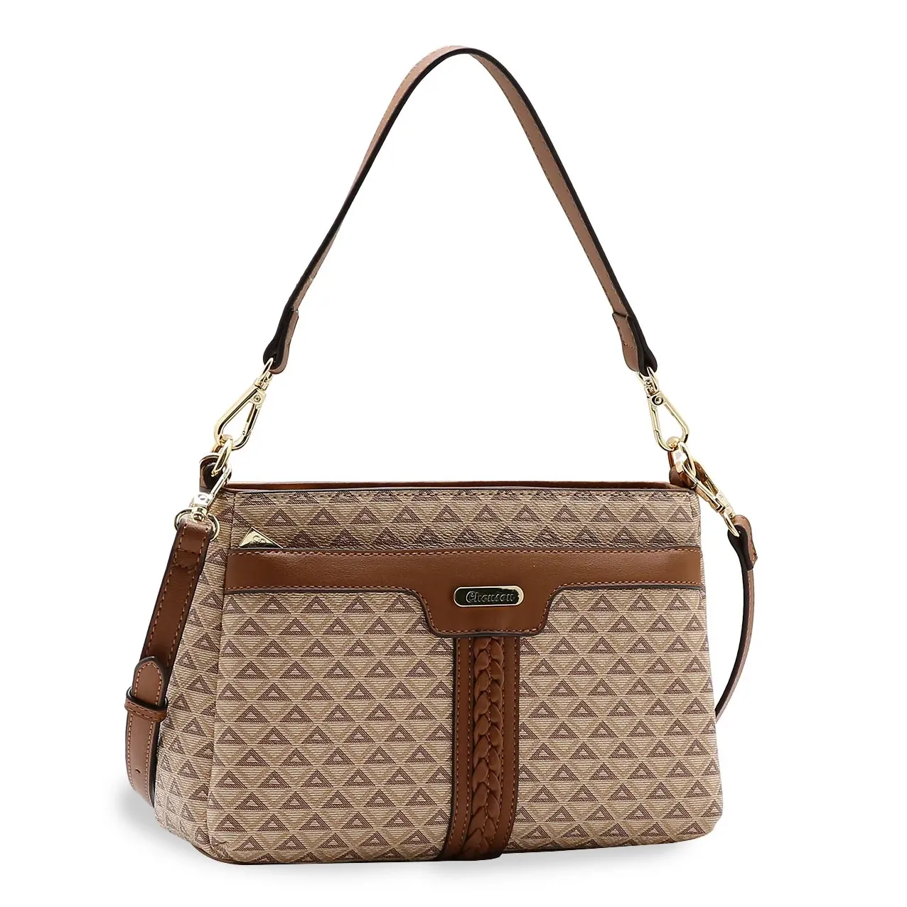 Bolsa feminina Chenson New Elemento Gráfico cor café com estampa gráfica triangular bege e marrom vista frontal